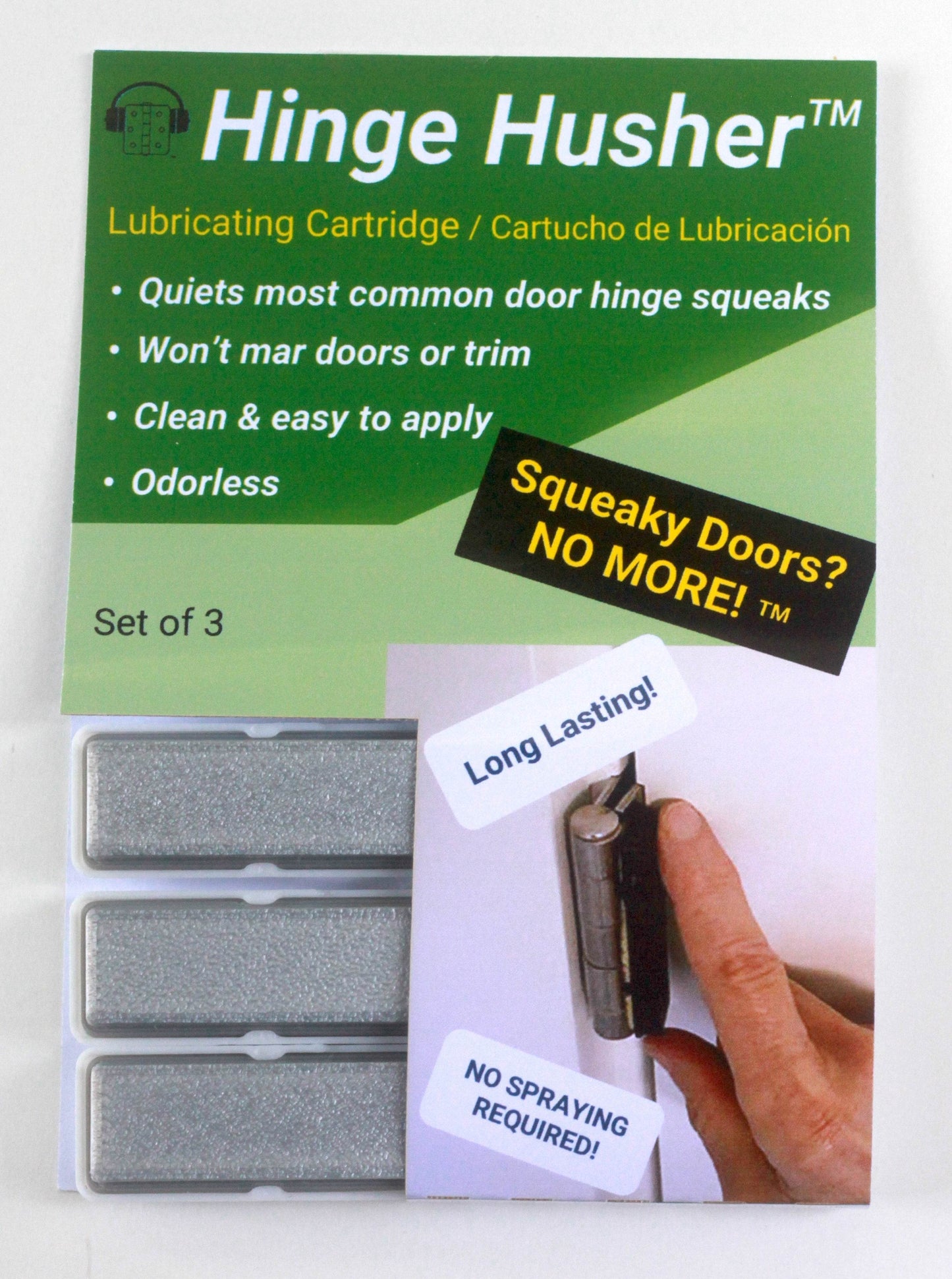 Hinge Husher® Lubricant Cartridge (3-pack) for squeaky door hinges - Hinge Husher