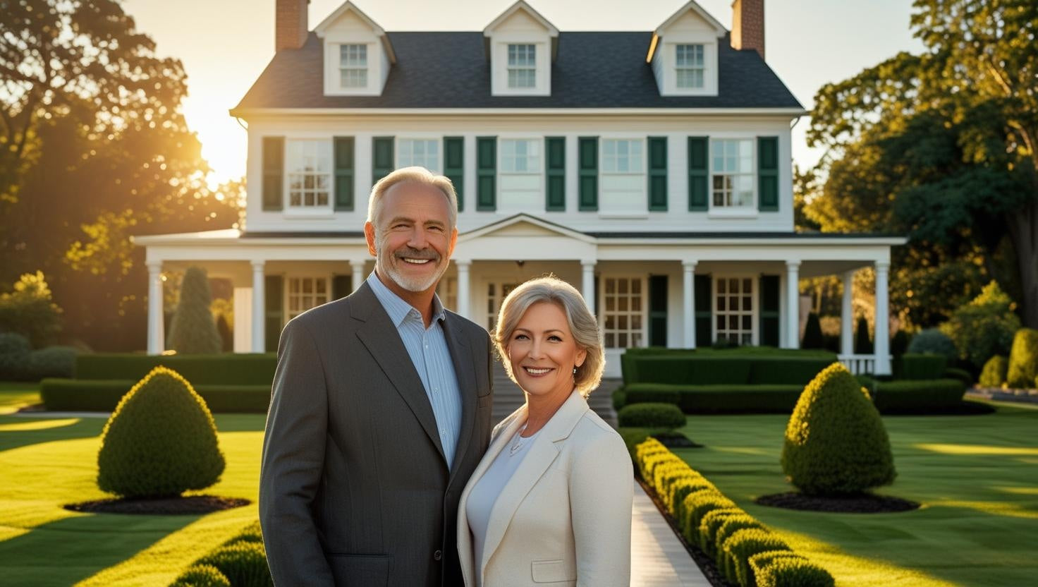 Man and woman standing in front of an elegant, well-maintained house without squeaky doors.